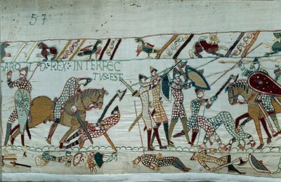Podbój Anglii przez księcia Normandii Wilhelma Zdobywcy (1027-1087) w 1066: śmierć króla Harolda II przez strzałę w oko w bitwie pod Hastings Fragment gobelinu z Bayeux lub haftu królowej Matyldy autorstwa Unknown artist