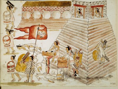 Podbój Meksyku: zniszczenie Tenochtitlan, stolicy imperium Azteków, przez armię konkwistadora Hernana Cortesa (Hernando Corteza) (1485-1547) w dniu 24.06.2015 r.” Miniatura z rękopisu autorstwa Unknown artist