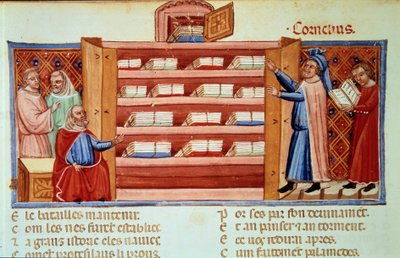 Korneliusz Nepos, rzymski biograf (100-w.25 pne), odkrywa w szafie Historię Troi Frygijczyka Daresa. Miniatura w „”Le Roman de Troie”” (Folio 2v) autorstwa Benoit de Sainte-Maure (XII w.) autorstwa Unknown artist