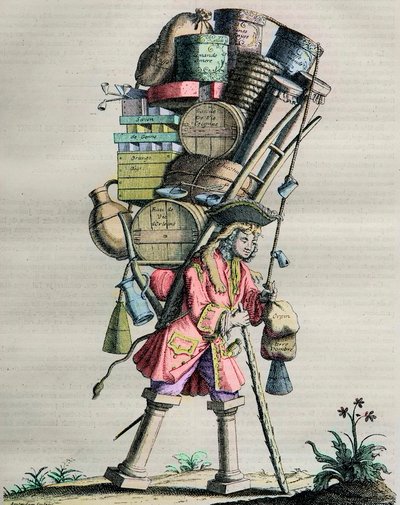 Kostiumy z Paryża przez wieki - Grawerowanie nr. 81 zatytułowany „Admire la Force” – Karykatura wykonana przez narkotyki przeciwko Armandowi Nomparowi II de Caumont (1679-1761) Książę La Force oskarża monopol w 1721 roku autorstwa Unknown artist