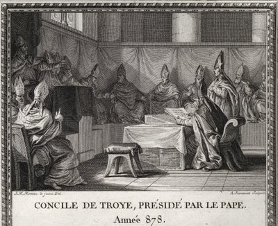 Sobór Trojański 7 września 878. W maju 878 papież Jan VIII, zagrożony przez Saracenów i szlachtę włoską, schronił się w Arles pod rządami księcia Bozona i jego żony Ermengarde. Towarzyszy mu w Troyes lub organizuje wielką radę. autorstwa Unknown artist