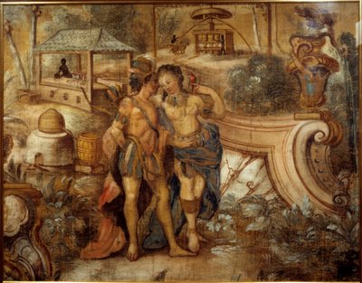 Połącz kobietę z Indianinem przed plantacją cukru w Indiach Zachodnich. Anonimowe malowanie autorstwa Unknown artist