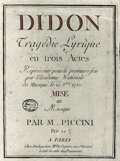 Okładka libretta opery „Didon” kompozytora Niccolo Vito Piccinniego (lub Piccinniego) (1728-1800). 1783 autorstwa Unknown artist