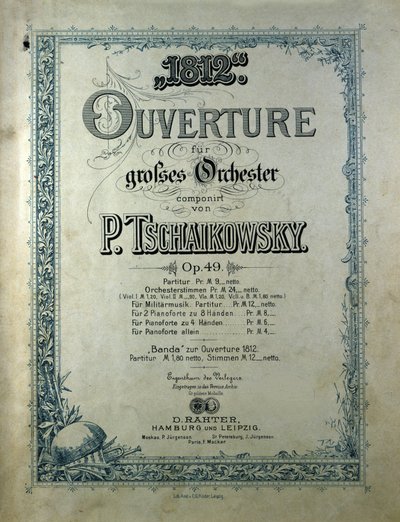 Okładka partytury otwierającej „”Rok 1812””” opus 49 Piotra lub Piotra Iljicza Czajkowskiego (lub Czajkowskiego lub Cajkowskiego lub Czajkowskiego autorstwa Unknown artist