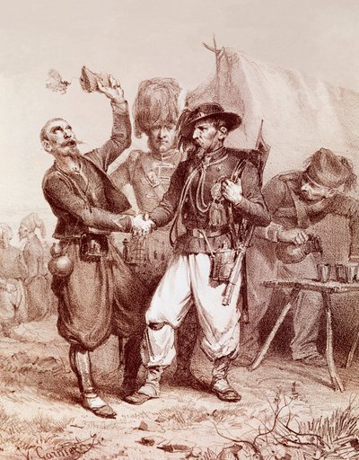 Wojna krymska (1853-1856): alegoria sojuszu Francji, Królestwa Sardynii i Anglii przeciwko Rosji. 1854 autorstwa Unknown artist