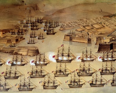 Wojna krymska (1853-1856) między Rosją a Imperium Osmańskim: Francuzi i Brytyjczycy sprzymierzyli się z Turkami w celu oblężenia rosyjskiego portu Sewastopola od 17 października 1854 do 8 września 1855. Stambuł, Muzeum Marynarki Wojennej autorstwa Unknown artist