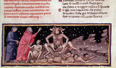 Dante i Virgil spotykają Ciacco i Cerbere z żarłokiem (piosenka 9 z piekła, w Boskiej Komedii) - miniatura autorstwa Unknown artist