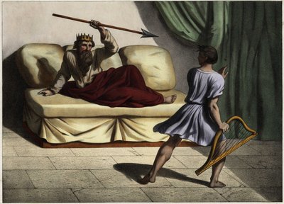 Dawid gra na cytarze przed królem Saulem, aby go przebłagać. Anonimowy rycina z połowy XIX wieku. autorstwa Unknown artist