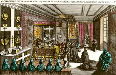 Śmierć króla Ludwika XIV: komora kostnicy Ludwika XIV (1638-1715), znanego jako król Soleil, zmarła w Wersalu 1 września 1715 roku. Rycina XVIII-wiecznej kolekcji prywatnej autorstwa Unknown artist