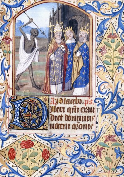 Śmierć z włócznią wskazującą na trzy postacie, papież, król, król i królowa, stojący przed gotyckim kościołem, ok. 1470 autorstwa Unknown artist