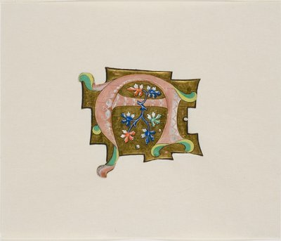 Zdobiony inicjał "A" w kolorze różowym z sześcioma liśćmi i dwiema kulkami, z książki chóralnej autorstwa Unknown artist