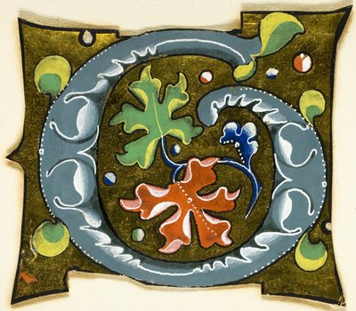 Zdobiony inicjał "G" w kolorze szarym z czerwonymi, zielonymi i niebieskimi liśćmi z rękopisu autorstwa Unknown artist