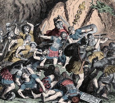 Klęska Fabianów - II wojna punicka (218-201 p.n.e.): klęska armii fabiańskiej i strategia lichwy Fabiusa Maximusa (Quintus Fabius Maximus Verrucosus, znany jako Cunctator (Timer) lub Ovicula, około 275-203 p.n.e. ), przeciwko plądrowaniu ar autorstwa Unknown artist