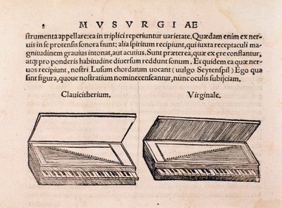 Opis klawesynu i szpinetu. Strona z Musurgii lub praktyki muzycznej autorstwa Unknown artist
