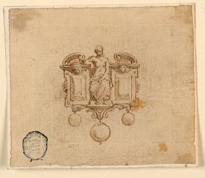 Projekt broszki z kobietą w złamanym pedimet autorstwa Unknown artist