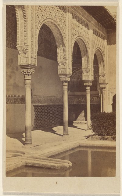 [Szczegół kolumn z widoczną częścią basenu odbijającego światło, Alhambra]. autorstwa Unknown artist