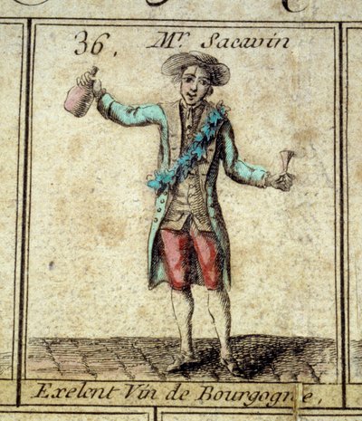 Fragment gry w gęś z Cree z Paryża: Pan Sacavin, pijący wino z Burgundii. Rycina z XVIII wieku. Dz. Iść. autorstwa Unknown artist
