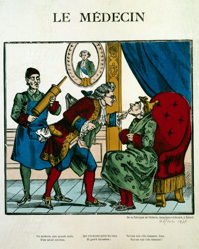 Doctor Scene reprezentujący lekarza badającego pacjenta, jego asystent za nim trzyma clystere. Rycina XIX-wiecznego Paryża, B.N. autorstwa Unknown artist