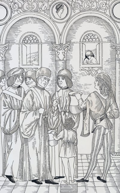 Lekarz badający mocz pacjentów, drzeworyt autorstwa Unknown artist