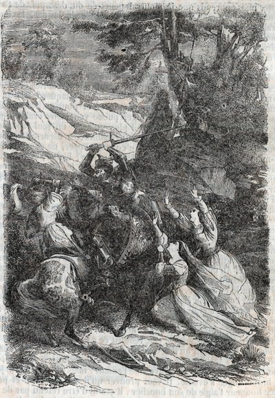 Doralice i Isabelle chcą oddzielić Mandricarda i Zerbina - grawerunek z 1851 roku od „Roland furieux” autorstwa Unknown artist