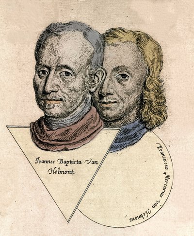 Podwójny portret belgijskiego chemika Jeana Baptiste van Helmonta (Jan Baptist van Helmont) (1577-1644) i François Mercure van Helmont (1614-1699). Rytownictwo autorstwa Unknown artist