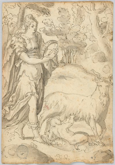 Rysunek: A) Rhea i niemowlę Jowisz. B) Św. Franciszek z Asyżu autorstwa Unknown artist