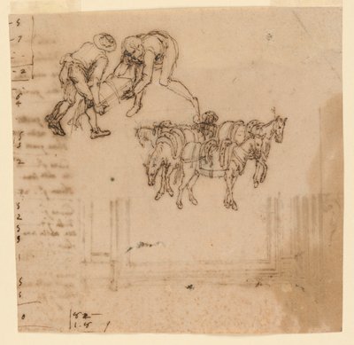 Rysunek: A) Dwóch mężczyzn niosących kufer; cztery muły z kierowcą. B) Projekt na ramę autorstwa Unknown artist