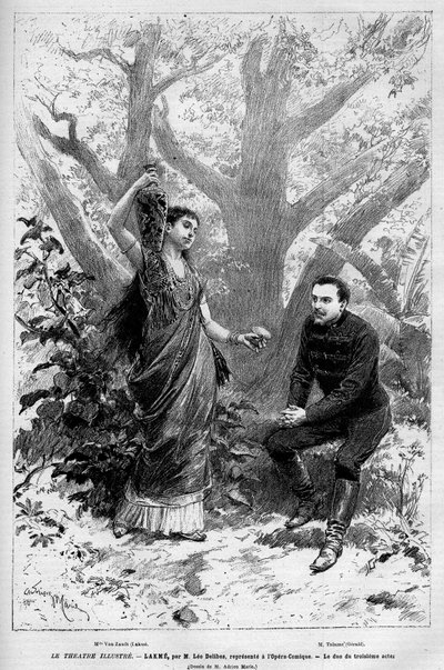 Duet III aktu z śpiewaczką Marie van Zandt z opery „Lakme” Leo Delibesa, Edmondem Gondinetem i Philippe Gille wystąpił po raz pierwszy 14 kwietnia 1883 roku w Operze Comique w Paryżu. Grawer w „Le Monde illustrious”” 1883. Prywatny colle autorstwa Unknown artist