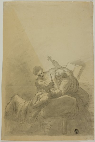 Umierający mężczyzna w towarzystwie dwóch postaci trzymających świecę, książkę i krzyż autorstwa Unknown artist