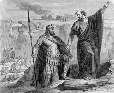 Eliasz ostrzegł Achaba, że nadchodzi deszcz. W tle widzimy kult Baala (Baala). autorstwa Unknown artist