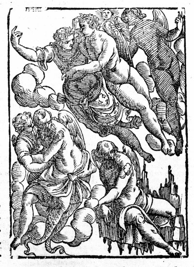 Eole (prawy dolny róg) i wiatry. „Mitologia i bajki” podaje hrabia Natalia. Padwa 1677 autorstwa Unknown artist