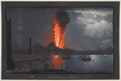 Erupcja Wezuwiusza. Scena nocna, z grupą postaci kontemplujących erupcję Wezuwiusza z przeciwnej strony Zatoki Neapolitańskiej, latarnia morska po lewej, statki pływające po prawej oraz miasto i wulkan w tle; w ramce str autorstwa Unknown artist