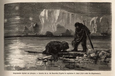 Eskimalscy łowcy szpiegują fokę przez wydrążoną dziurę w worku lodowym, czekając przy grobowcu nocy, by ją zastrzelić. Grawerunek ilustrujący podróż na wolne morze bieguna arktycznego, autorstwa doktora Hayesa, chirurga Marynarki Wojennej Stanów Zjednoczon autorstwa Unknown artist