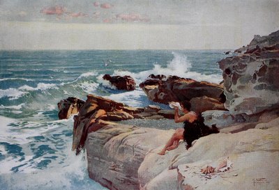 Wieczór nad morzem, młody człowiek z dużą muszlą siedzący na brzegu autorstwa Unknown artist