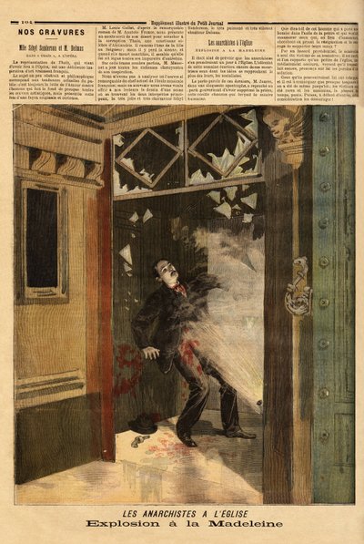Wybuch w kościele La Madeleine w Paryżu, anarchistyczny zbrodniarz, jedyna ofiara, ma skutki własnej bomby. Grawerowanie w „”Le petit journal”” 26.03.1894. Kolekcja Selvy. autorstwa Unknown artist