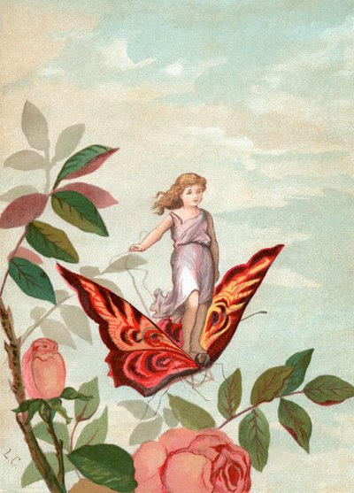 Wróżka ujeżdżająca motyla wśród róż autorstwa Unknown artist