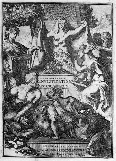 Fałszywy tytuł dzieła „Investigato Arcanorum” holenderskiego kupca i uczonego Antoine van Leeuwenhoek (lub Leeuvenhoek Leeuwenhoeck) (lub Antoni lub Anthonie) (1632-1723) 1722. autorstwa Unknown artist