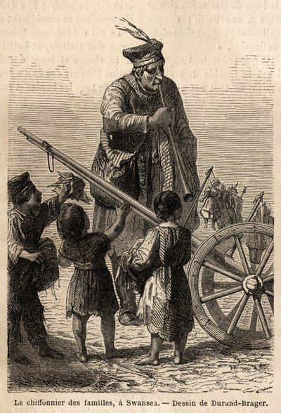 Szmata rodzinna w Swansea. Rysunek Duranda Bragera, ilustrujący wizytę w głównych fabrykach w Walii w 1862 roku, autorstwa L.Simonina. Grawerowanie w „”Le tour du monde””, pod redakcją Edouarda Chartona autorstwa Unknown artist