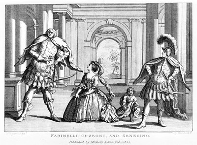 Farinelli (Carlo Broschi, zm.; 1705 - 1782) z sopranistą Cuzzoni i kastratem Francesco Bernardo Senesino (1680 - 1750) w operze George