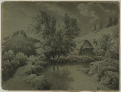 Farma ze stawem na pierwszym planie, krowy pasące się na wzgórzu autorstwa Unknown artist