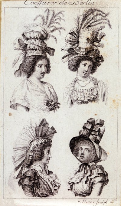 Moda XVIII wiek: kapelusze berlińskich kobiet. Grawerowanie z 1793 roku. autorstwa Unknown artist