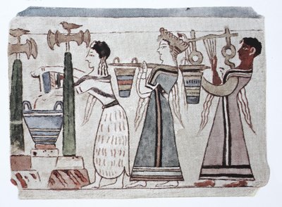 Moda, kultura fenicka Morza Egejskiego, 2000-500 p.n.e. Kobiety z wiadrami na wodę za harfistką autorstwa Unknown artist