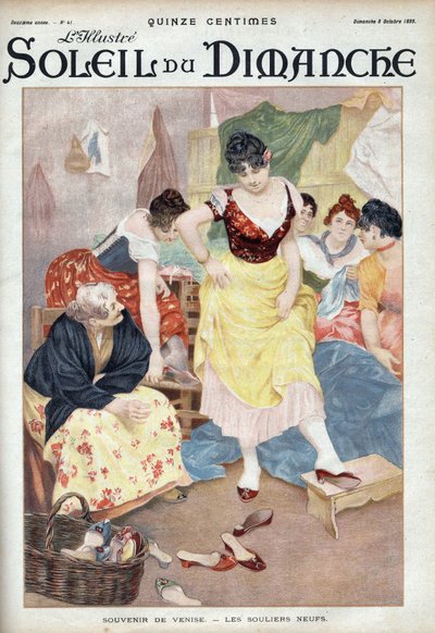 Moda końca XIX wieku: nowe buty z Wenecji. Kobiety przymierzają buty z włoskiego miasta. Grawerowanie w „”Le sun-du-dimanche””, 8 października autorstwa Unknown artist