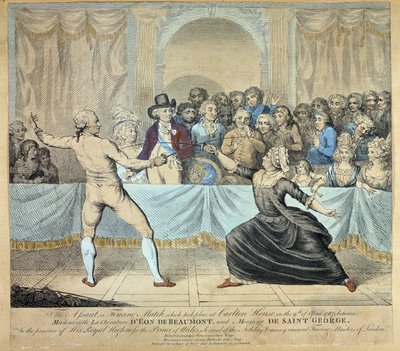 Walka szermiercza między rycerzem Eon de Beaumont i Monsieur de Saint George, 9 kwietnia 1787 r. Rycina autorstwa Unknown artist