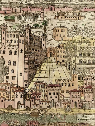 Ferrara: widok miasta, fragment anonimowego drzeworytu autorstwa Unknown artist