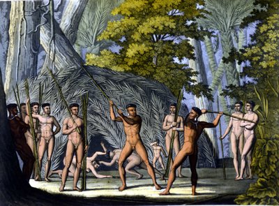 Walka między botocudo, Indianami z Brazylii - w „Starym i współczesnym stroju” Ferrario, wyd. Mediolan autorstwa Unknown artist