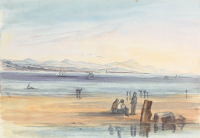Postacie na plaży z górami w oddali autorstwa Unknown artist