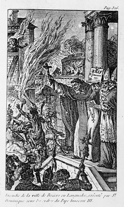 Pożar miasta Béziers w Langwedocji, dokonany przez św. Dominikę na rozkaz papieża Innocentego III w „Zbrodniach religii” autorstwa Unknown artist