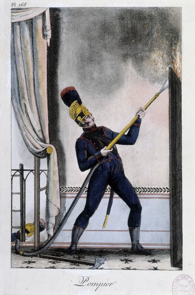 Strażak z lancą wodną, gaszący pożar - ca. 1830 autorstwa Unknown artist