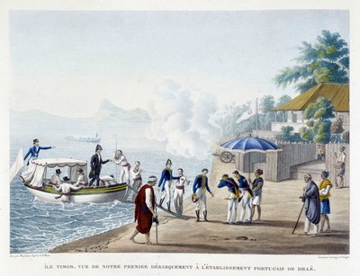 Pierwsze wyokrętowanie Francuzów w portugalskiej osadzie Dille na wyspie Timor. autorstwa Unknown artist
